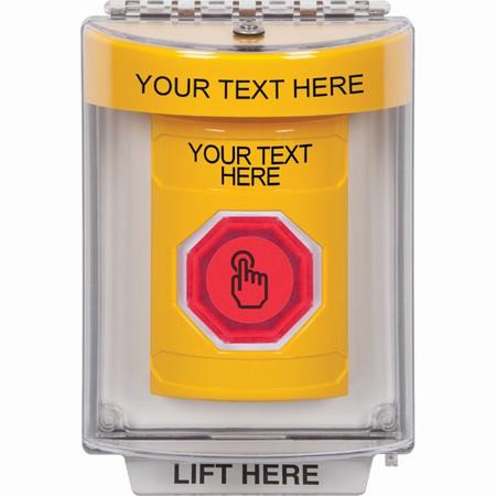 SS2246ZA-EN STI Yellow Indoor/Outdoor Flush w/ Horn Momentary (Illuminated) with Red Lens Stopper Station with Non-Returnable Custom Text Label English