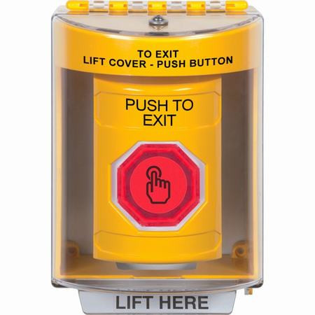 SS2286PX-EN STI Yellow Indoor/Outdoor Surface w/ Horn Momentary (Illuminated) with Red Lens Stopper Station with PUSH TO EXIT Label English