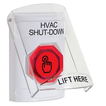 SS2327HV-EN STI White Indoor Only Flush or Surface Weather Resistant Momentary (Illuminated) with Red Lens Stopper Station with HVAC SHUT DOWN Label English