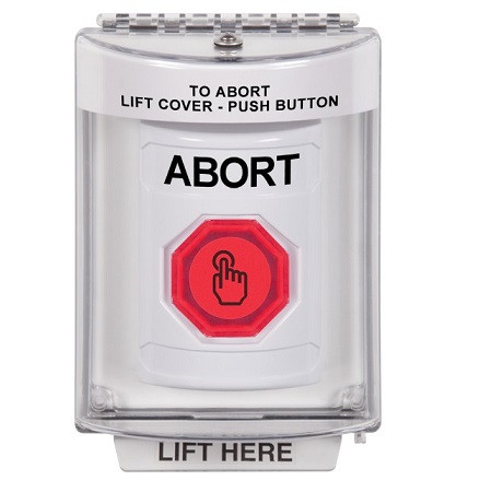 SS2347AB-EN STI White Indoor/Outdoor Flush w/ Horn Weather Resistant Momentary (Illuminated) with Red Lens Stopper Station with ABORT Label English