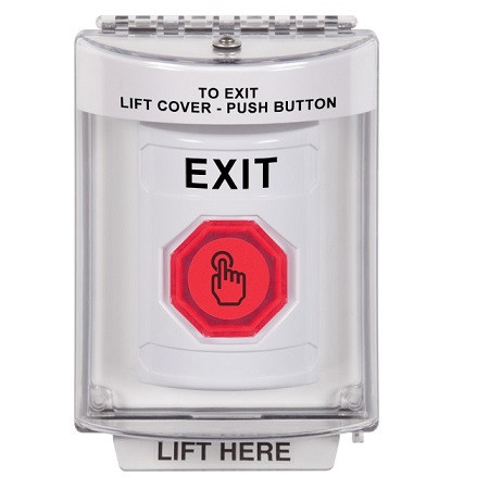 SS2347XT-EN STI White Indoor/Outdoor Flush w/ Horn Weather Resistant Momentary (Illuminated) with Red Lens Stopper Station with EXIT Label English