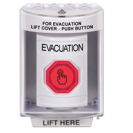 SS2387EV-EN STI White Indoor/Outdoor Surface w/ Horn Weather Resistant Momentary (Illuminated) with Red Lens Stopper Station with EVACUATION Label English