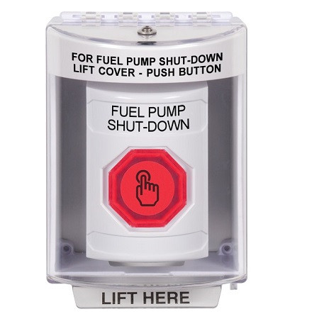 SS2387PS-EN STI White Indoor/Outdoor Surface w/ Horn Weather Resistant Momentary (Illuminated) with Red Lens Stopper Station with FUEL PUMP SHUT DOWN Label English