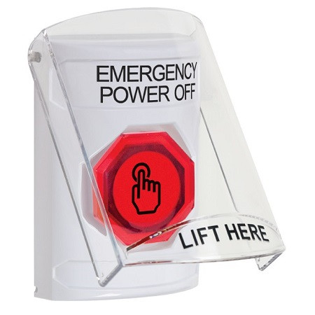 SS23A7PO-EN STI White Indoor Only Flush or Surface w/ Horn Weather Resistant Momentary (Illuminated) with Red Lens Stopper Station with EMERGENCY POWER OFF Label English