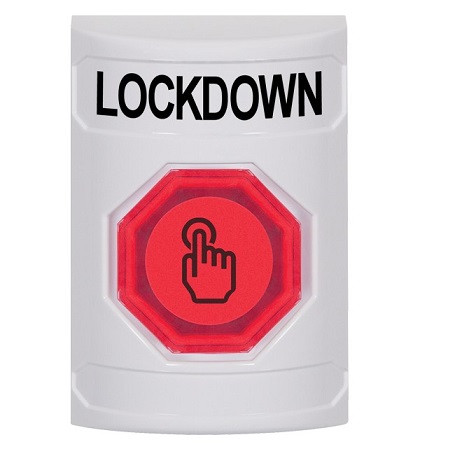 SS2306LD-EN STI White No Cover Momentary (Illuminated) with Red Lens Stopper Station with LOCKDOWN Label English