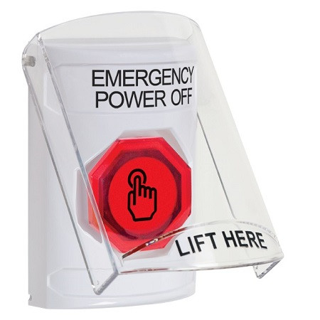 SS2326PO-EN STI White Indoor Only Flush or Surface Momentary (Illuminated) with Red Lens Stopper Station with EMERGENCY POWER OFF Label English