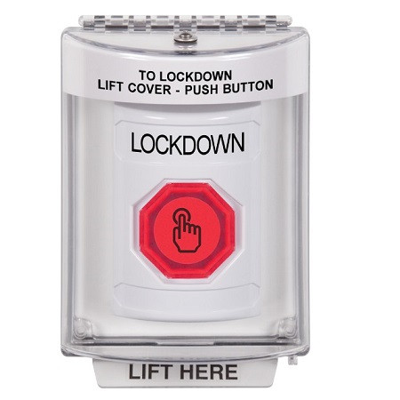 SS2336LD-EN STI White Indoor/Outdoor Flush Momentary (Illuminated) with Red Lens Stopper Station with LOCKDOWN Label English