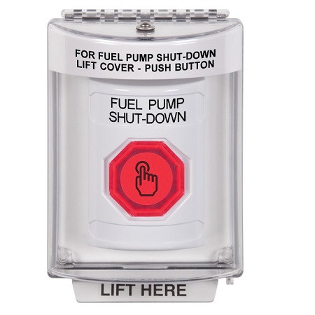 SS2346PS-EN STI White Indoor/Outdoor Flush w/ Horn Momentary (Illuminated) with Red Lens Stopper Station with FUEL PUMP SHUT DOWN Label English