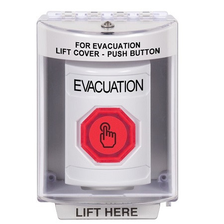 SS2376EV-EN STI White Indoor/Outdoor Surface Momentary (Illuminated) with Red Lens Stopper Station with EVACUATION Label English