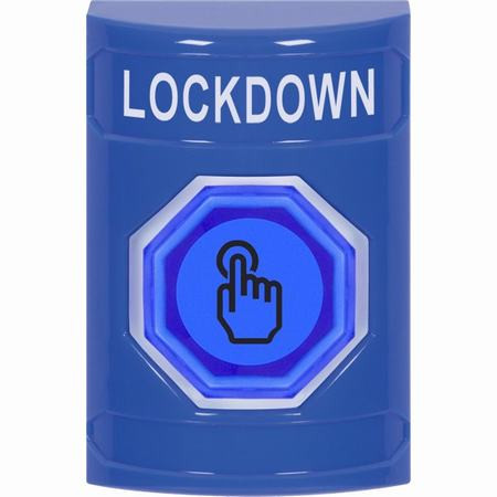 SS2406LD-EN STI Blue No Cover Momentary (Illuminated) with Blue Lens Stopper Station with LOCKDOWN Label English