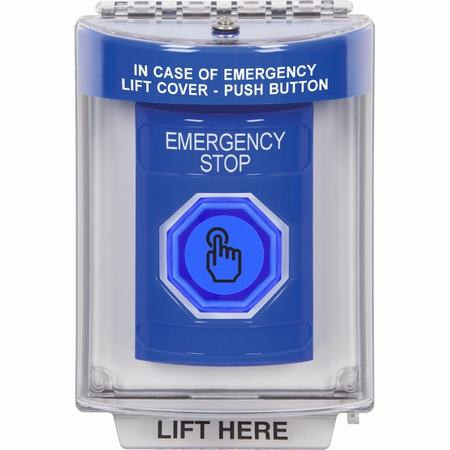 SS2437ES-EN STI Blue Indoor/Outdoor Flush Weather Resistant Momentary (Illuminated) with Blue Lens Stopper Station with EMERGENCY STOP Label English