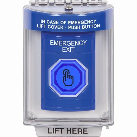 SS2437EX-EN STI Blue Indoor/Outdoor Flush Weather Resistant Momentary (Illuminated) with Blue Lens Stopper Station with EMERGENCY EXIT Label English