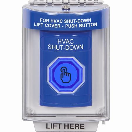 SS2437HV-EN STI Blue Indoor/Outdoor Flush Weather Resistant Momentary (Illuminated) with Blue Lens Stopper Station with HVAC SHUT DOWN Label English