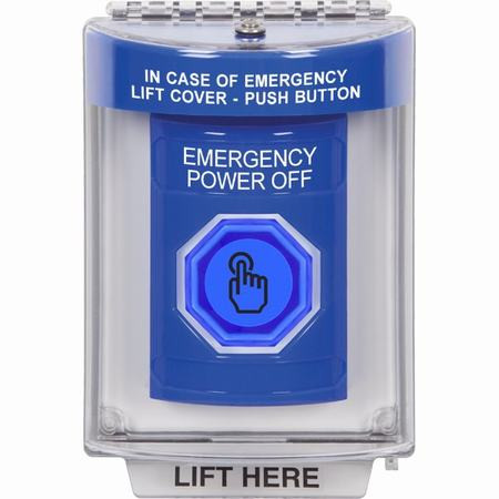 SS2447PO-EN STI Blue Indoor/Outdoor Flush w/ Horn Weather Resistant Momentary (Illuminated) with Blue Lens Stopper Station with EMERGENCY POWER OFF Label English