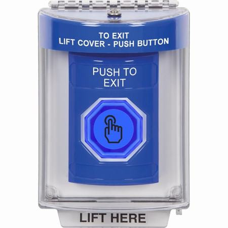 SS2447PX-EN STI Blue Indoor/Outdoor Flush w/ Horn Weather Resistant Momentary (Illuminated) with Blue Lens Stopper Station with PUSH TO EXIT Label English
