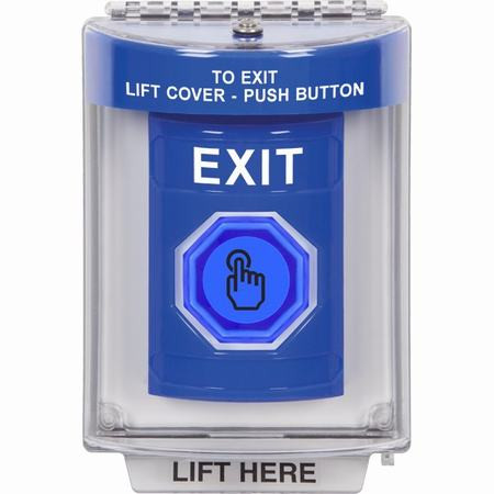 SS2447XT-EN STI Blue Indoor/Outdoor Flush w/ Horn Weather Resistant Momentary (Illuminated) with Blue Lens Stopper Station with EXIT Label English