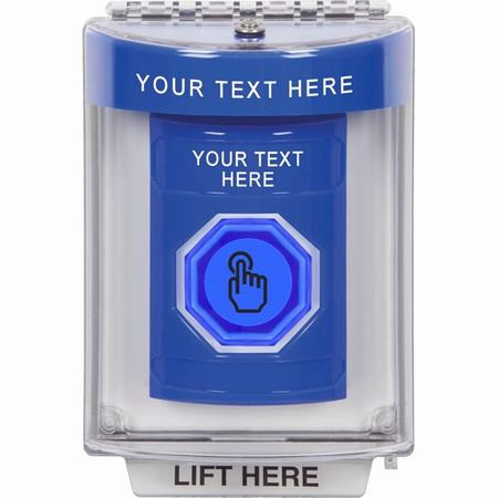 SS2447ZA-EN STI Blue Indoor/Outdoor Flush w/ Horn Weather Resistant Momentary (Illuminated) with Blue Lens Stopper Station with Non-Returnable Custom Text Label English