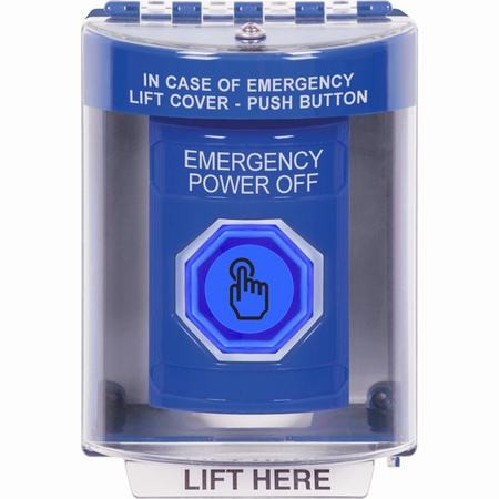 SS2477PO-EN STI Blue Indoor/Outdoor Surface Weather Resistant Momentary (Illuminated) with Blue Lens Stopper Station with EMERGENCY POWER OFF Label English
