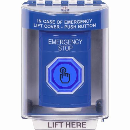 SS2487ES-EN STI Blue Indoor/Outdoor Surface w/ Horn Weather Resistant Momentary (Illuminated) with Blue Lens Stopper Station with EMERGENCY STOP Label English