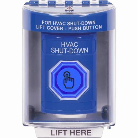 SS2487HV-EN STI Blue Indoor/Outdoor Surface w/ Horn Weather Resistant Momentary (Illuminated) with Blue Lens Stopper Station with HVAC SHUT DOWN Label English