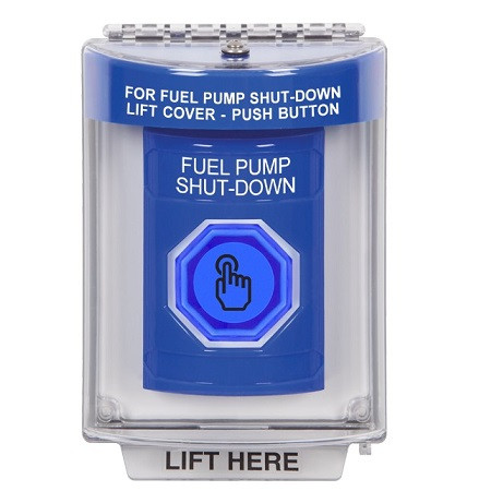 SS2436PS-EN STI Blue Indoor/Outdoor Flush Momentary (Illuminated) with Blue Lens Stopper Station with FUEL PUMP SHUT DOWN Label English
