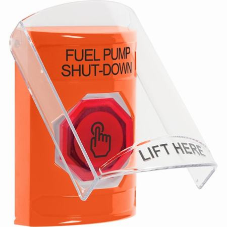 SS2527PS-EN STI Orange Indoor Only Flush or Surface Weather Resistant Momentary (Illuminated) with Orange Lens Stopper Station with FUEL PUMP SHUT DOWN Label English