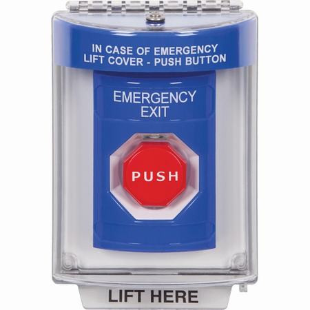 SS2435EX-EN STI Blue Indoor/Outdoor Flush Momentary (Illuminated) Stopper Station with EMERGENCY EXIT Label English