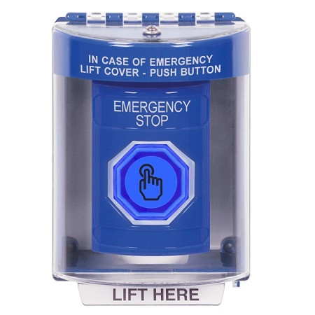 SS2476ES-EN STI Blue Indoor/Outdoor Surface Momentary (Illuminated) with Blue Lens Stopper Station with EMERGENCY STOP Label English