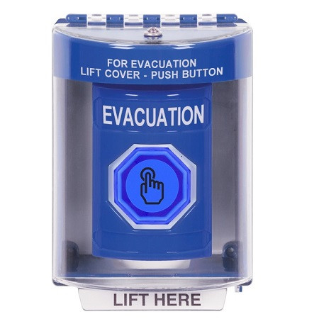 SS2476EV-EN STI Blue Indoor/Outdoor Surface Momentary (Illuminated) with Blue Lens Stopper Station with EVACUATION Label English