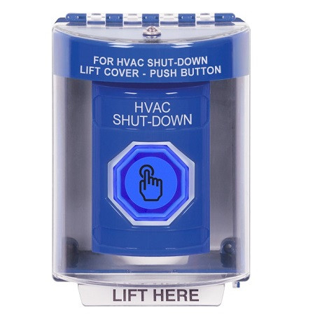 SS2476HV-EN STI Blue Indoor/Outdoor Surface Momentary (Illuminated) with Blue Lens Stopper Station with HVAC SHUT DOWN Label English