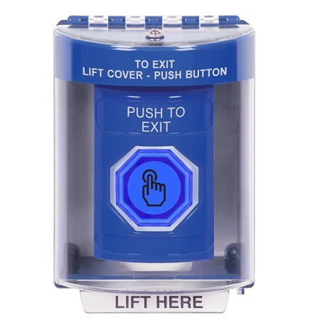 SS2476PX-EN STI Blue Indoor/Outdoor Surface Momentary (Illuminated) with Blue Lens Stopper Station with PUSH TO EXIT Label English