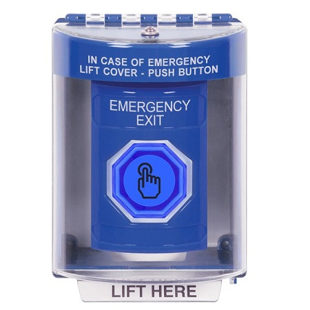 SS2486EX-EN STI Blue Indoor/Outdoor Surface w/ Horn Momentary (Illuminated) with Blue Lens Stopper Station with EMERGENCY EXIT Label English