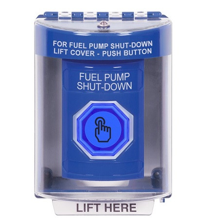 SS2486PS-EN STI Blue Indoor/Outdoor Surface w/ Horn Momentary (Illuminated) with Blue Lens Stopper Station with FUEL PUMP SHUT DOWN Label English
