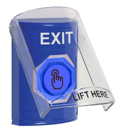 SS24A6XT-EN STI Blue Indoor Only Flush or Surface w/ Horn Momentary (Illuminated) with Blue Lens Stopper Station with EXIT Label English