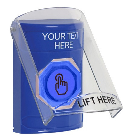 SS24A6ZA-EN STI Blue Indoor Only Flush or Surface w/ Horn Momentary (Illuminated) with Blue Lens Stopper Station with Non-Returnable Custom Text Label English