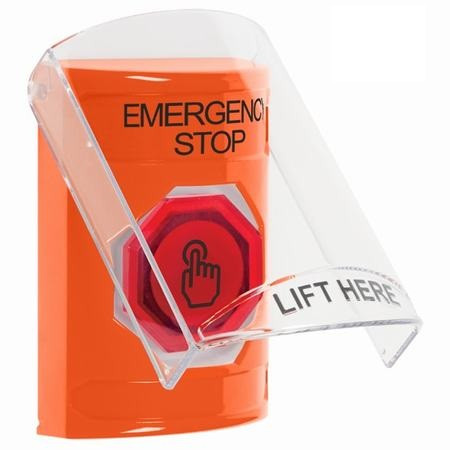 SS25A7ES-EN STI Orange Indoor Only Flush or Surface w/ Horn Weather Resistant Momentary (Illuminated) with Orange Lens Stopper Station with EMERGENCY STOP Label English
