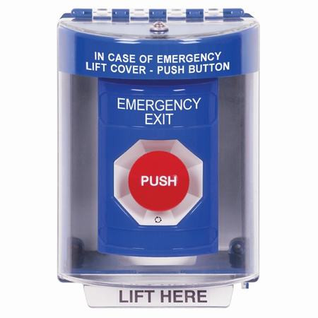 SS2471EX-EN STI Blue Indoor/Outdoor Surface Turn-to-Reset Stopper Station with EMERGENCY EXIT Label English
