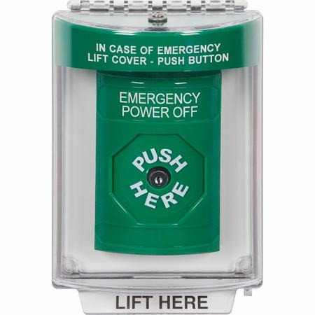 SS2130PO-EN STI Green Indoor/Outdoor Flush Key-to-Reset Stopper Station with EMERGENCY POWER OFF Label English