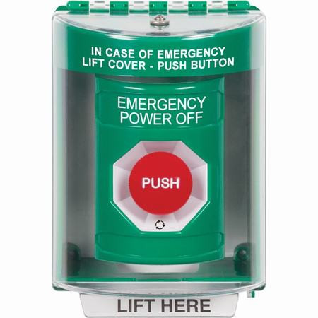 SS2171PO-EN STI Green Indoor/Outdoor Surface Turn-to-Reset Stopper Station with EMERGENCY POWER OFF Label English