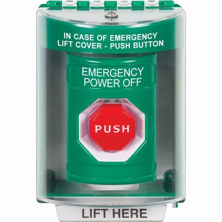 SS2182PO-EN STI Green Indoor/Outdoor Surface w/ Horn Key-to-Reset (Illuminated) Stopper Station with EMERGENCY POWER OFF Label English