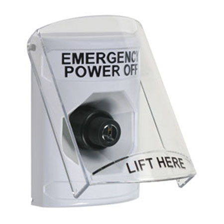 SS2323PO-EN STI White Indoor Only Flush or Surface Key-to-Activate Stopper Station with EMERGENCY POWER OFF Label English