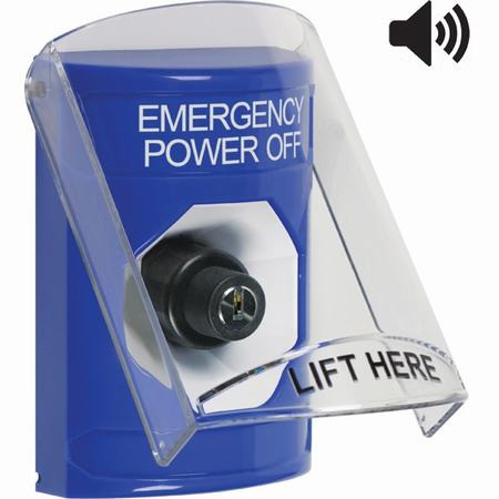 SS24A3PO-EN STI Blue Indoor Only Flush or Surface w/ Horn Key-to-Activate Stopper Station with EMERGENCY POWER OFF Label English
