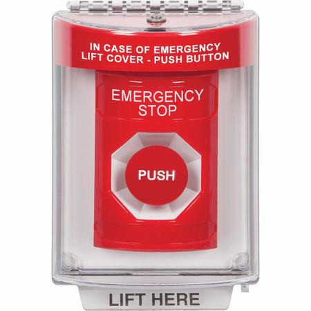 SS2044ES-EN STI Red Indoor/Outdoor Flush w/ Horn Momentary Stopper Station with EMERGENCY STOP Label English