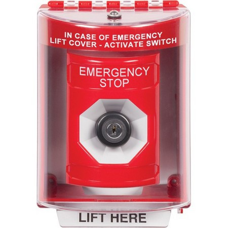 SS2083ES-EN STI Red Indoor/Outdoor Surface w/ Horn Key-to-Activate Stopper Station with EMERGENCY STOP Label English