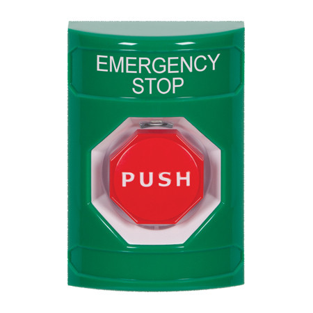 SS2105ES-EN STI Green No Cover Momentary (Illuminated) Stopper Station with EMERGENCY STOP Label English