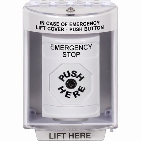SS2380ES-EN STI White Indoor/Outdoor Surface w/ Horn Key-to-Reset Stopper Station with EMERGENCY STOP Label English