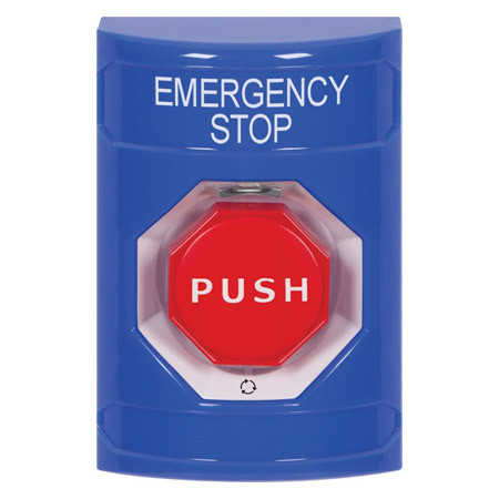 SS2409ES-EN STI Blue No Cover Turn-to-Reset (Illuminated) Stopper Station with EMERGENCY STOP Label English