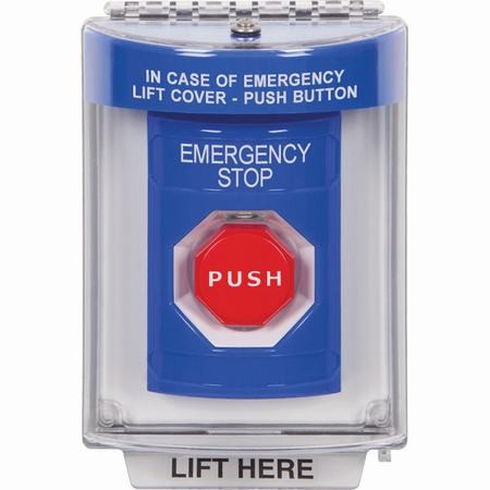SS2445ES-EN STI Blue Indoor/Outdoor Flush w/ Horn Momentary (Illuminated) Stopper Station with EMERGENCY STOP Label English