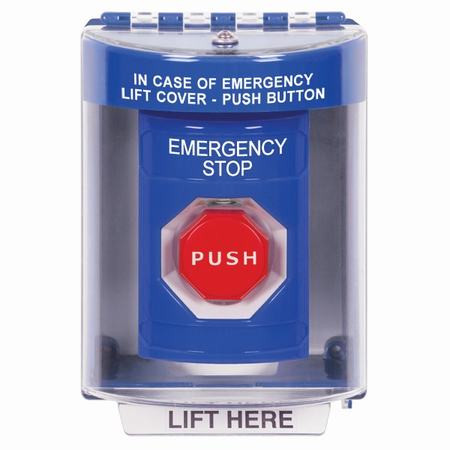 SS2472ES-EN STI Blue Indoor/Outdoor Surface Key-to-Reset (Illuminated) Stopper Station with EMERGENCY STOP Label English
