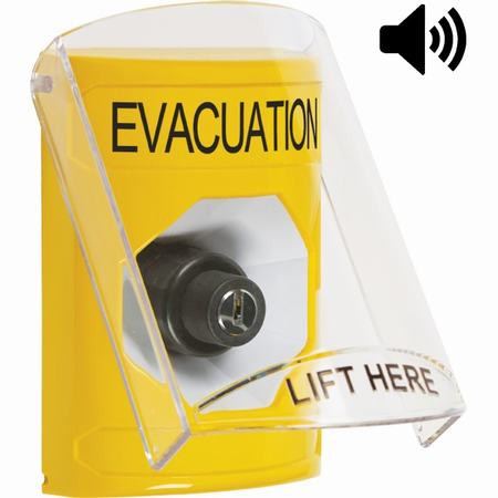 SS22A3EV-EN STI Yellow Indoor Only Flush or Surface w/ Horn Key-to-Activate Stopper Station with EVACUATION Label English